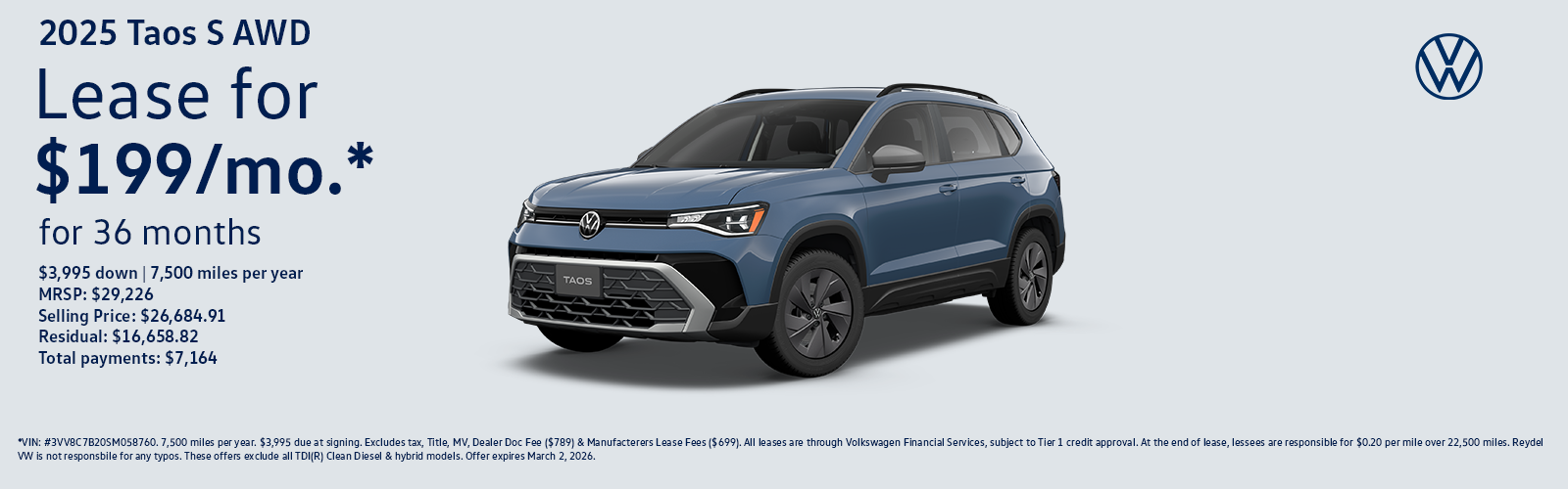 2025 Volkswagen Taos 1.5T S AWD Lease Special
